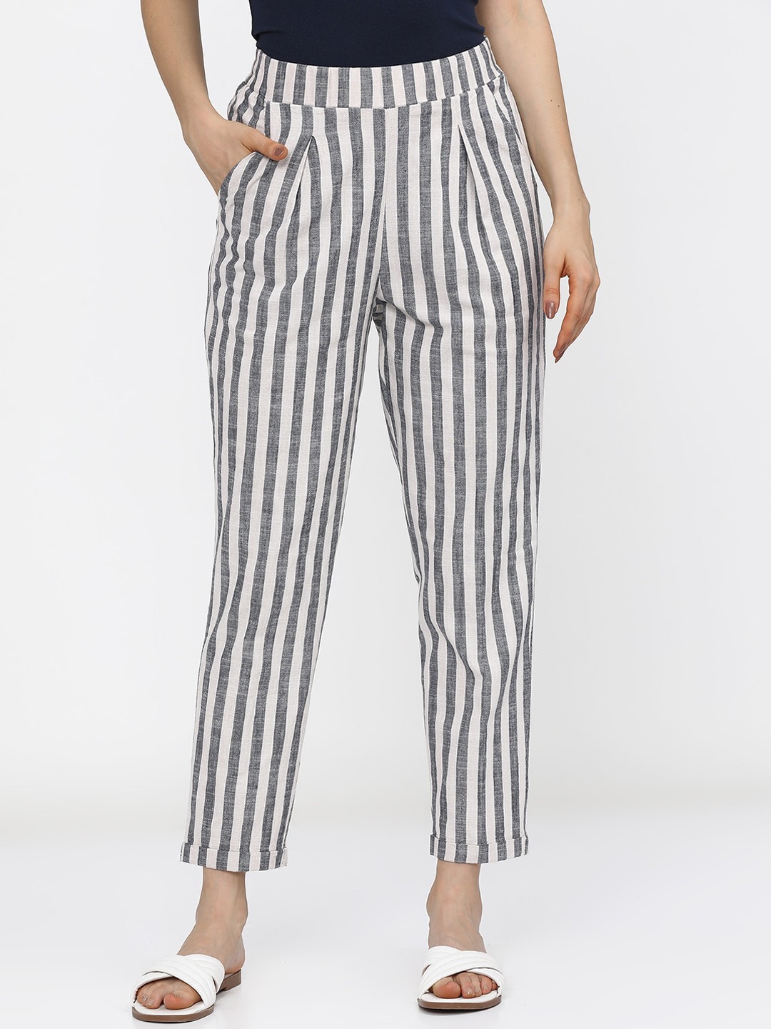 White and Gray Cotton Stripe Women Pant-40496
